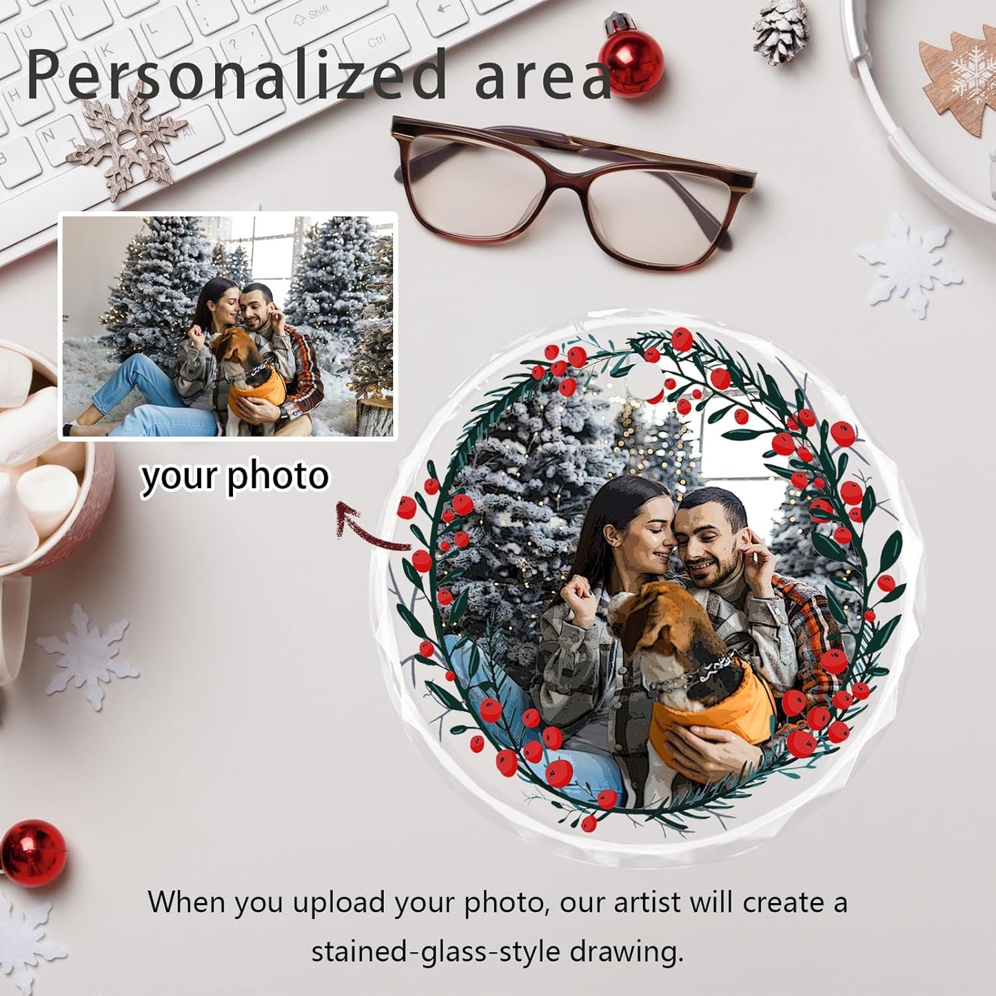 Personalized Christmas Ornaments, Custom Glass Ornament with Photo,Customized Christmas Tree Decor Gifts for Family, Dad, Mom, Him, Her