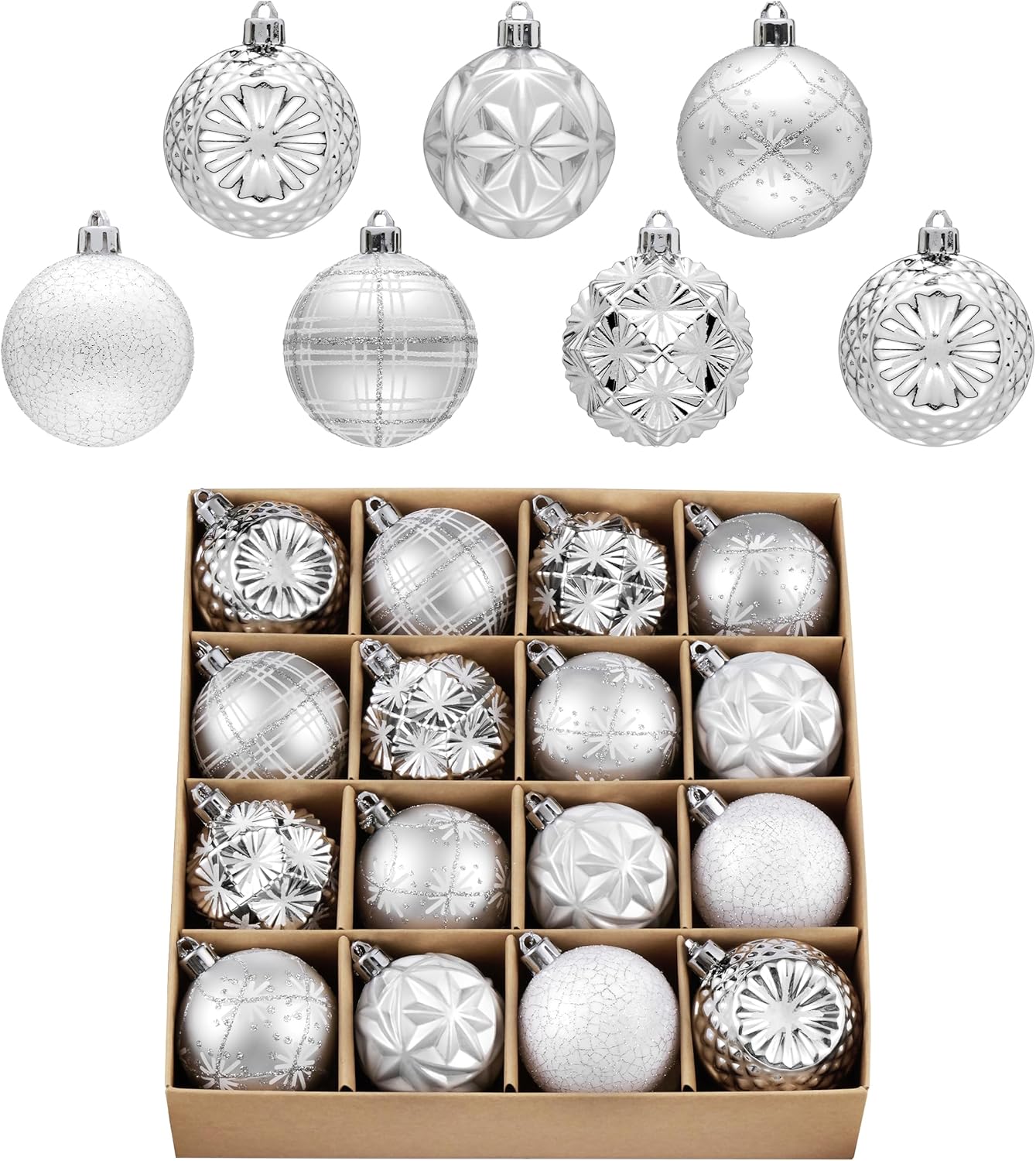 Valery Madelyn Ornaments for Christmas Trees, 16ct 2.36 Inches White and Silver Shatterproof Christmas Tree Decorations, Luxury Hanging Ball Ornaments for Xmas Holiday Party Decor
