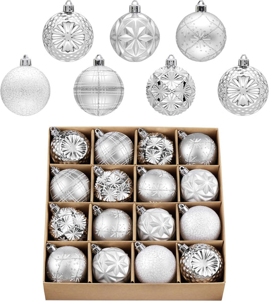 Valery Madelyn Ornaments for Christmas Trees, 16ct 2.36 Inches White and Silver Shatterproof Christmas Tree Decorations, Luxury Hanging Ball Ornaments for Xmas Holiday Party Decor
