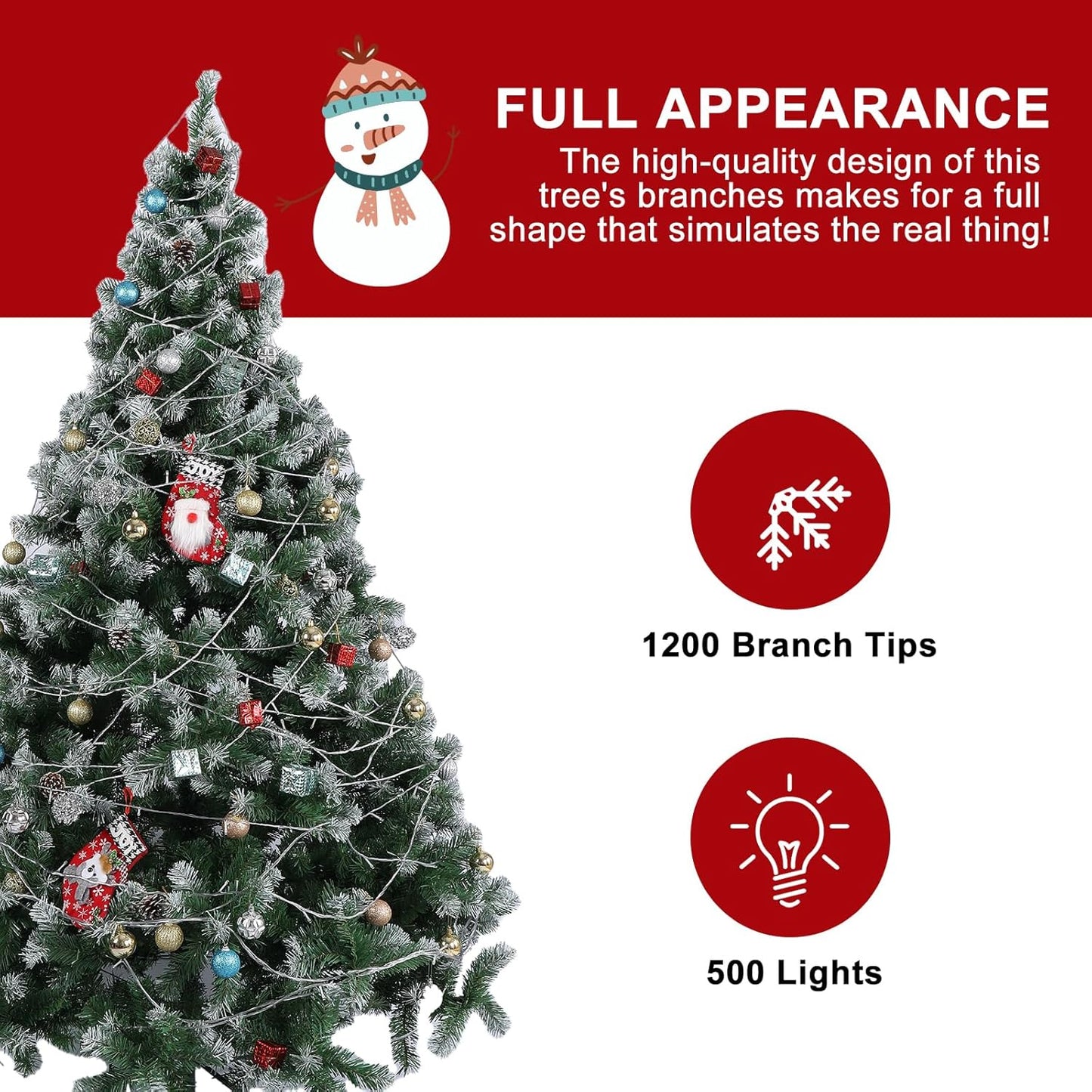olelo 7.5 ft Artificial Christmas Tree, Snow Flocked Xmas Tree with 500 Lights, 1200 Branch Tips, 60 Decorative Pendant & 3 Decorative Socks, Metal Hinges & Foldable Base