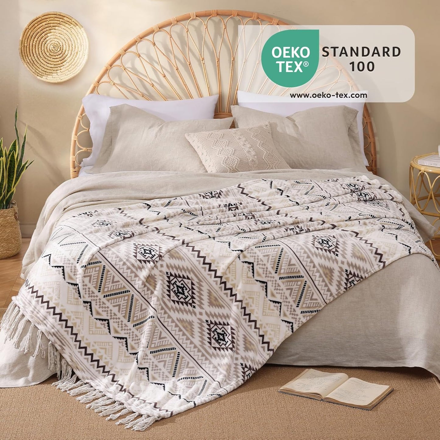 CASAAGUSTO Boho Throw Blanket - Beige and Gray Decorative Blankets with Tassel, Printed Flannel Bohemian Blanket for Chair, Bed, Sofa, Couch(60 * 80, Beige and Gray)