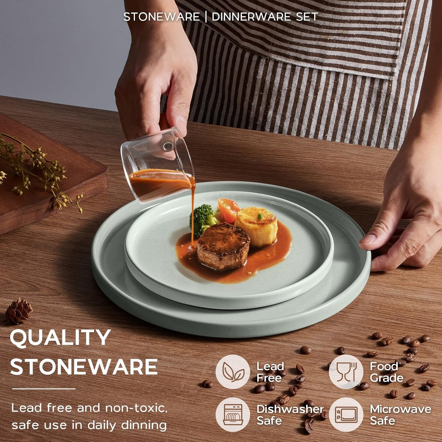 Onader Stoneware Dinnerware Sets for 6 with Double Bowl, 24 Piece Plates and Bowls Dish Dinner Set, Speckled Kitchen Dishware Tableware – Pale Sage Green