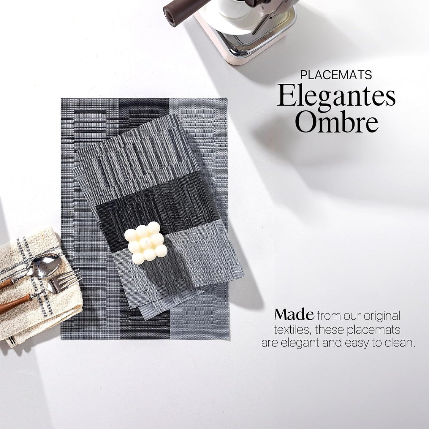 LEXMORE Placemats Set of 8 Vinyl/Plastic Woven Place Mats for Kitchen Table Indoor/Outdoor Washable Placemat Wipeable Dining Table Mats(E-Silver Gray Black)