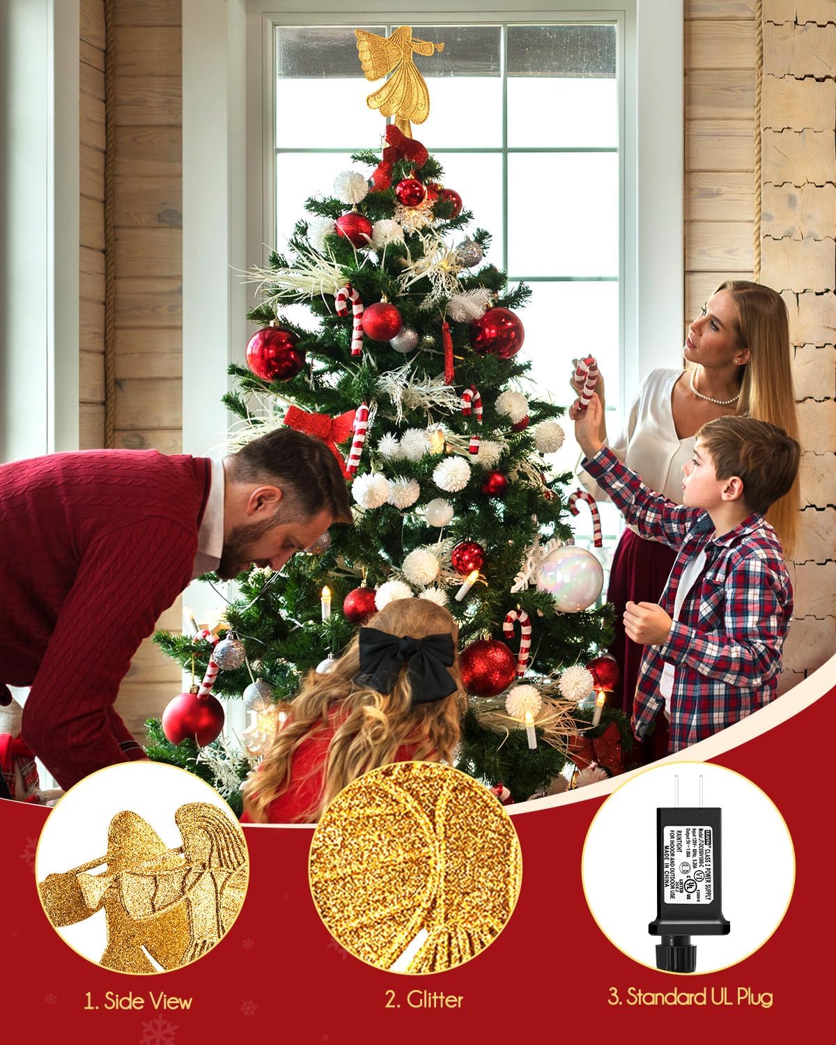 Christmas Angel Tree Topper with Built-in LED Snowflake Projector Lights Hollowed Pentagram Tree Top with Gold Spangles Plated Plug in for Indoor Outdoor Christmas Decorations, Gold