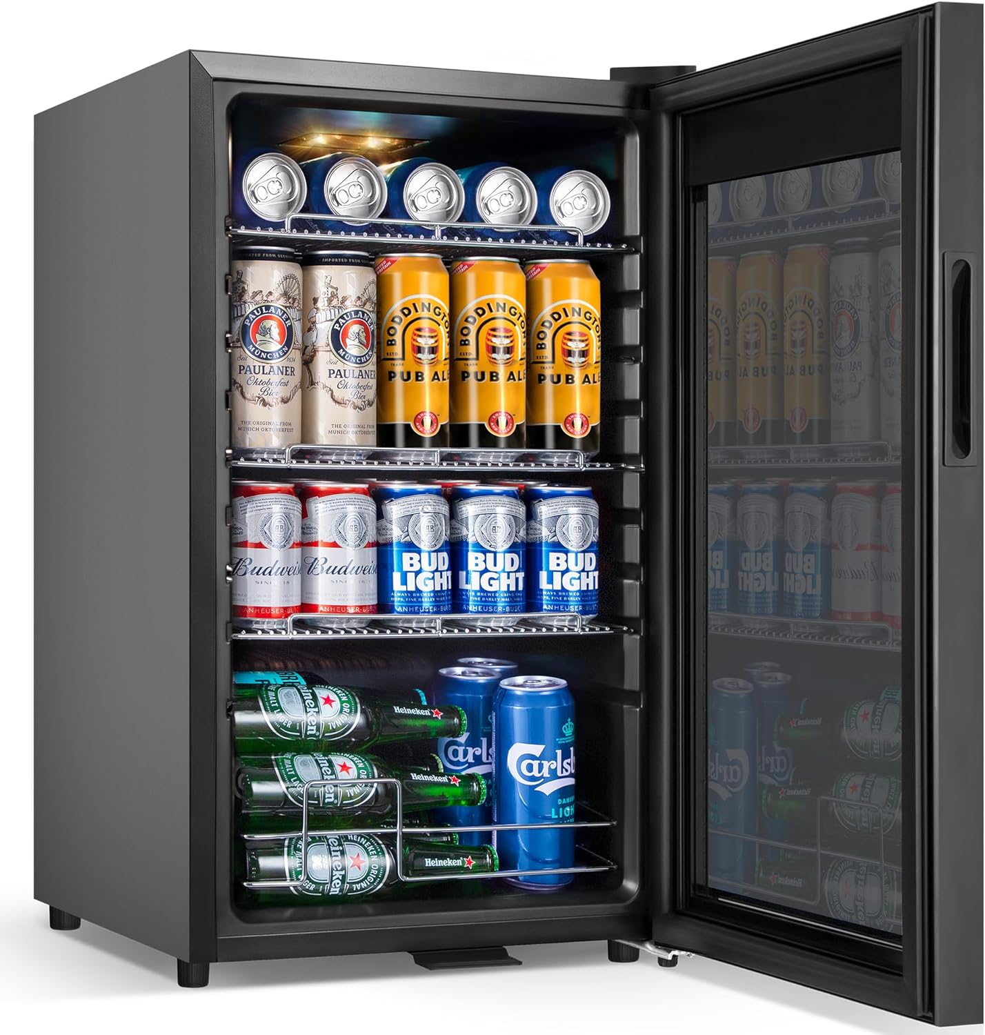 Beverage Refrigerator Cooler, 17 Inch 120 Cans Freestanding Mini Fridge with Glass Door, Adjustable Shelves and LED Light, Small Drink Fridge Counter-top Beer Fridge for Bedroom Office Bar