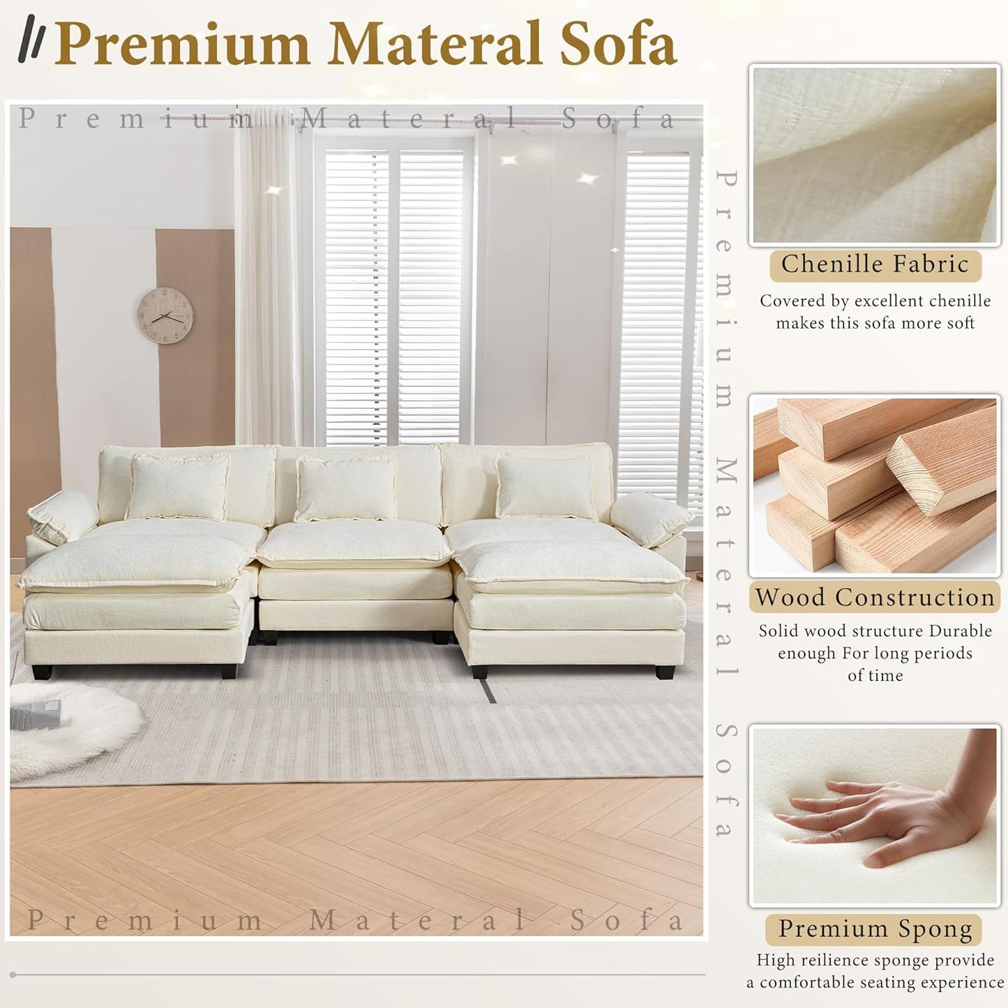 URRED Modular Sectional Sofa Comfy Cloud Couch, Modern Chenille Sofa Sleeper Deep Seat Couches with Ottoman/Pillows for Living Room (White, 117'' - U Shape)