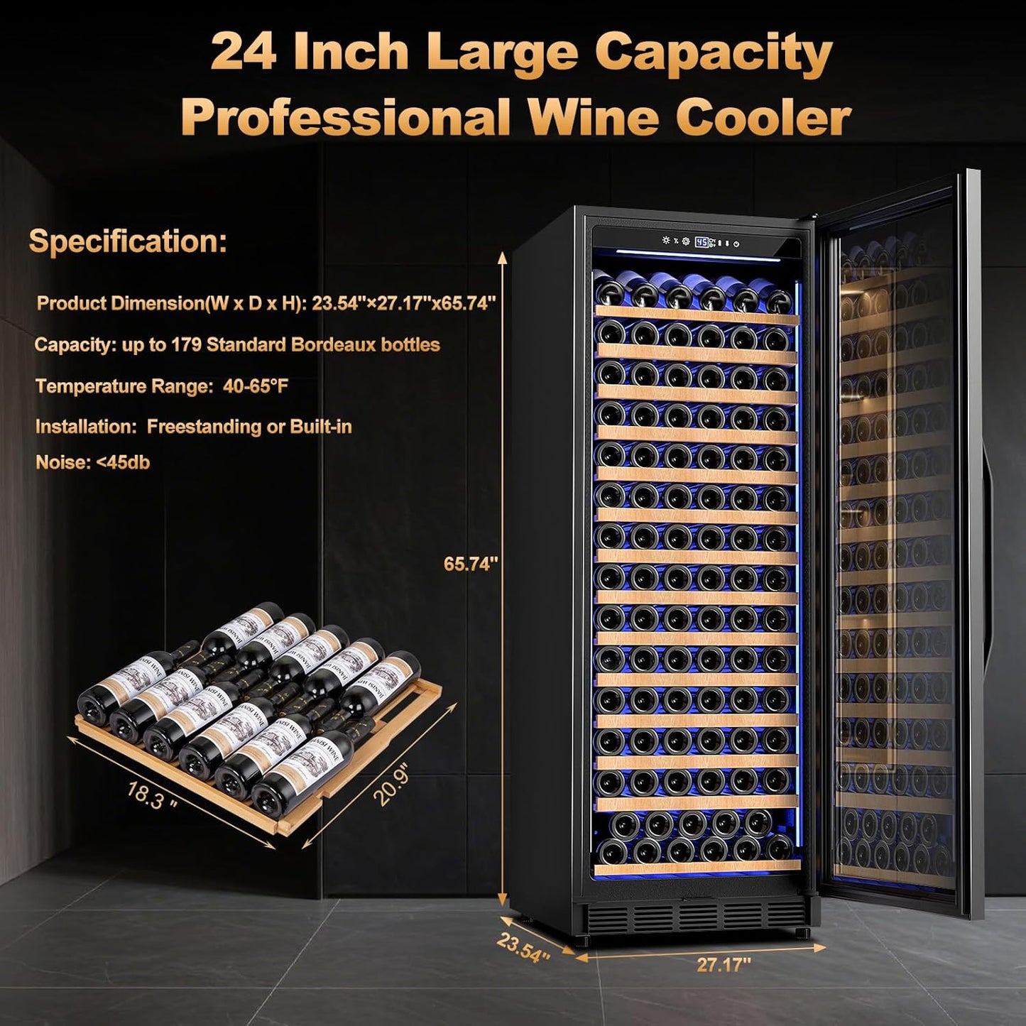 24 Inch Wine Cooler Refrigerator,179 Bottles Wine Fridge Large Capacity Professional Wine Cellars with Powerful Compressor,Quiet Operation and Elegant Design, Black