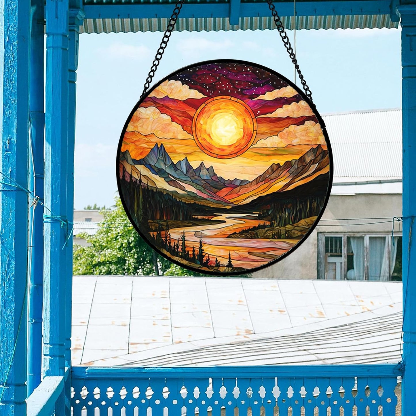Stained Glass Window Hanging, Dusk Sunset Landscape Sun Catchers Glass Panel Lakes and Mountains Suncatcher Decor for Birthday for Women, Men, Wife, Aunt, and Mom 14.9 in