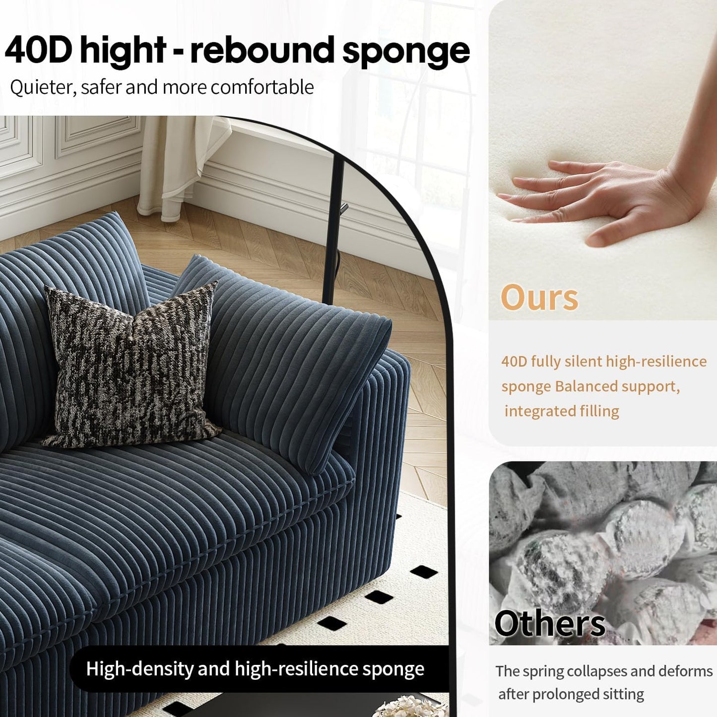 118" Cloud Couch Oversized Modular Sectional Sofa for Living Room,Modern Sofa with Deep Seat，6 Seater Boneless Couch,Comfy Upholstered Corduroy Couches for Apartment, Studio, Office,Bedroom，Blue