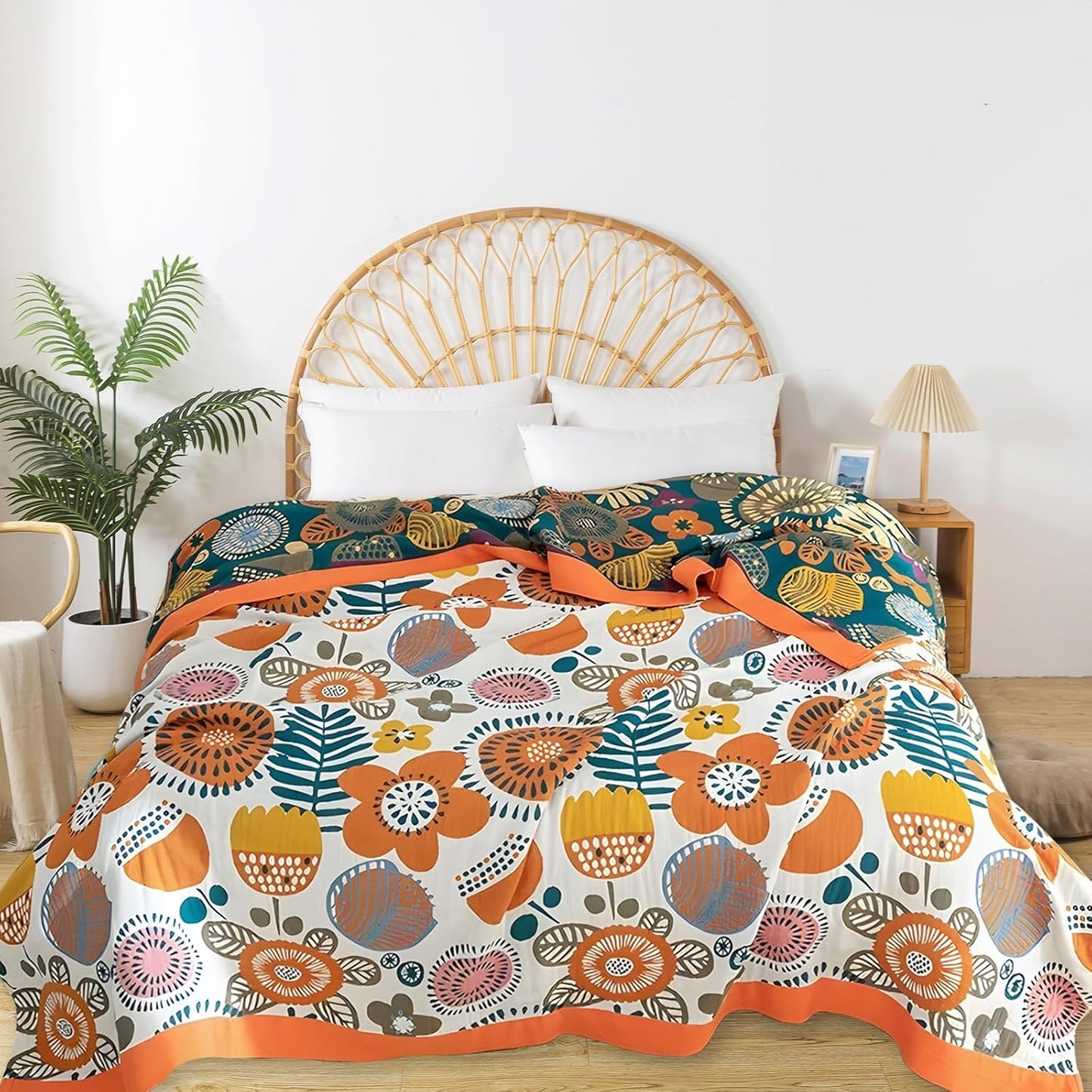 Boho Throw Blanket for Bed - 100% Pure Cotton Ultra Soft Rustic Quilt - Farmhouse Decor Bed Blankets, All Season Rustic Throw for Sofa Couch Chair(80''x 90'', Floral Print 2)