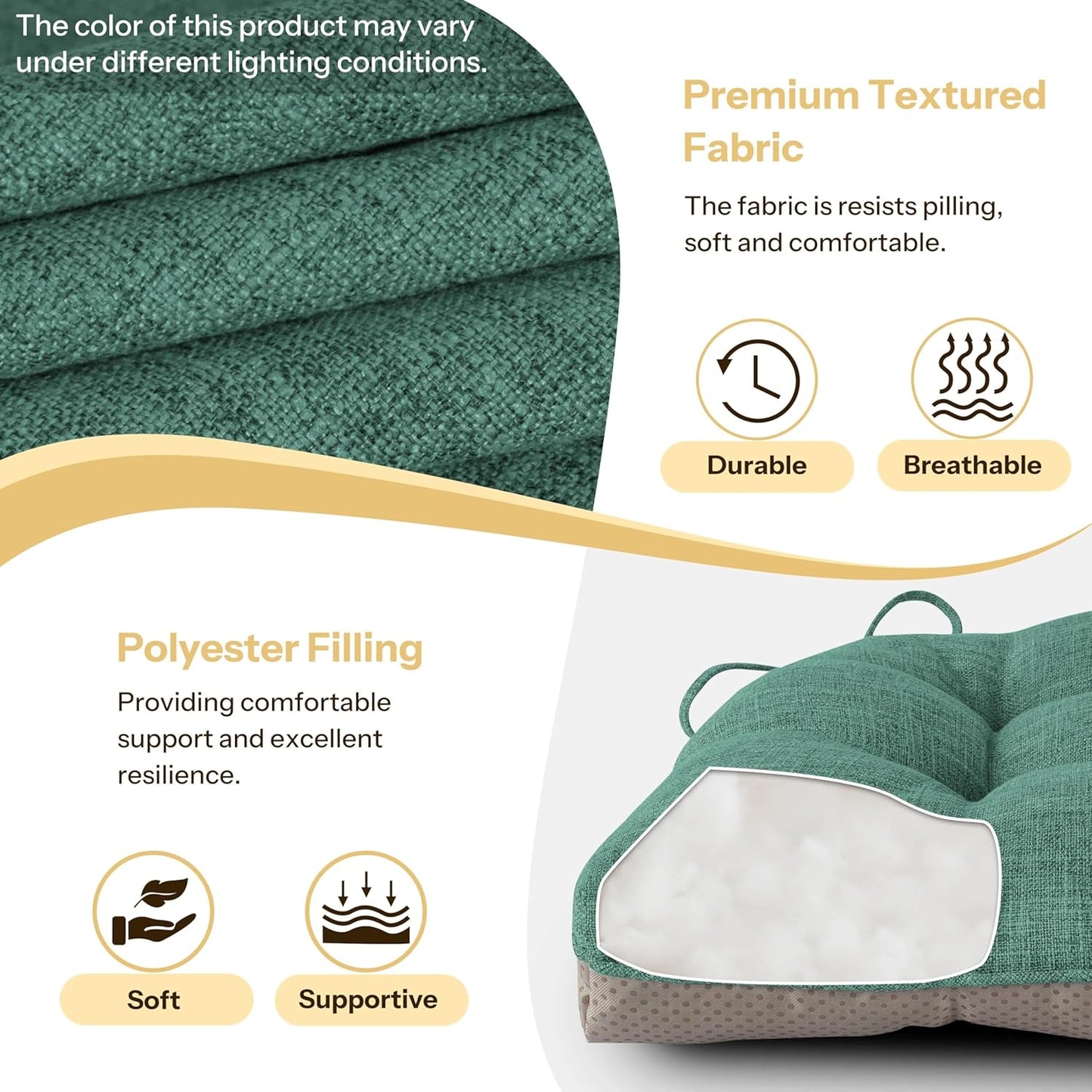 Non Slip Chair Cushions for Dining Chairs Set of 4 Kitchen Chair Cushions 18"x18"x3" Turfted Chair Pads Comfortable and Soft Seat Cushion with Ties, Dark Green