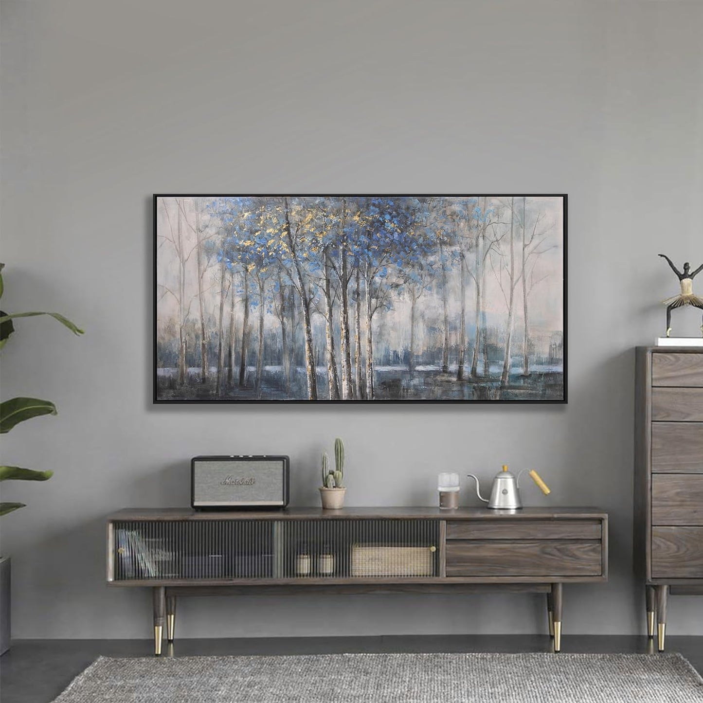 Abstract Canvas Wall Art Modern Abstract Artwork Canvas Prints Framed Canvas Picture Blue Embellishments Plant Grey Misty Forest Abstract Tree Contemporary Wall Art Bedroom Living Room Office