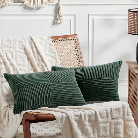 Fancy Homi Set of 2 Dark Green Long Lumbar Decorative Throw Pillow Covers 12x24 Inch for Living Room Couch Bed, Boho Farmhouse Forest Green Home Decor, Soft Corduroy Corss Textured Cushion Cas