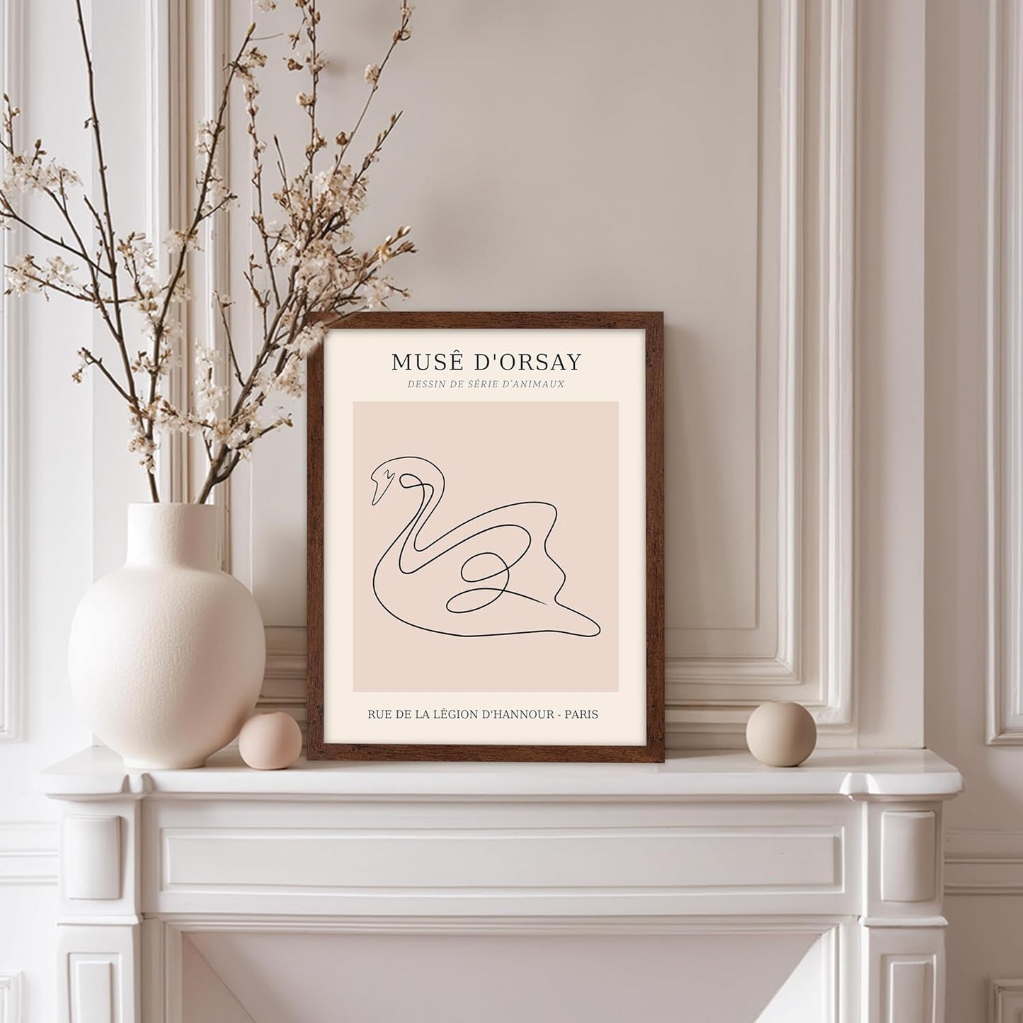 Poster Master Vintage Poster - Retro One Line Swan Drawing Print - Swan Art - Bird Art - Minimal Gift for Her, Animal Lover - Abstract Decor for Home, Office, Bedroom, 8x10 Brown Framed