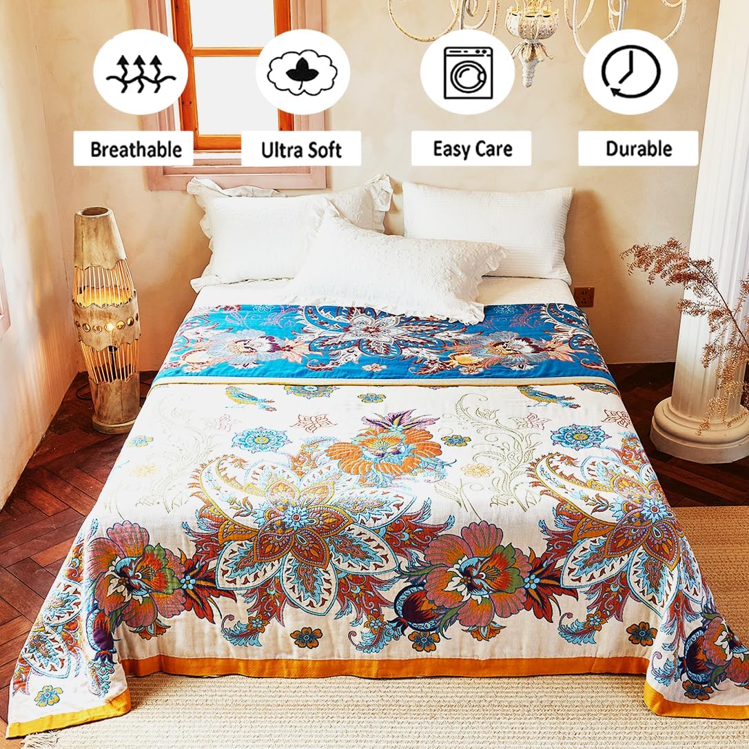 Boho Throw Blanket, 100% Organic Cotton Breathable Ultra Soft Bed Quilt Throw - All Season Floral Bird Butterfly Farmhouse Decor Blanket for Sofa Couch Chair and Gift. 50" x 60"