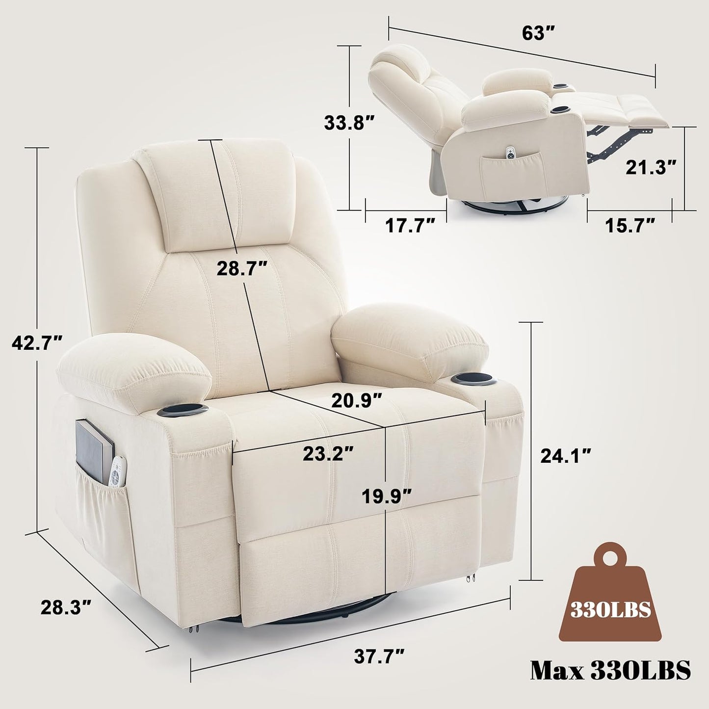 Oversized Swivel Rocker Recliner Chair with Heat and Massage, 360 Degree Swivel Rocking Single Sofa with Cup Holders and USB Port, Big Large Recliner Chair for Living Room (Fabric, Beige)