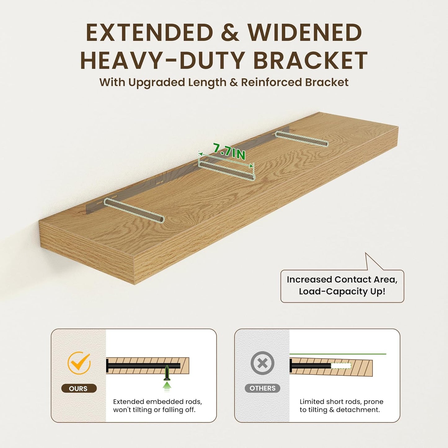 Deep Floating Shelves for Wall - 72 Inch Wide x 12 Inch Deep Wall Shelves Set of 1 - Rustic Oak Color Wood Shelves for Living Room, Bathroom, Laundry Room, Bedroom, Kitchen, Home Office