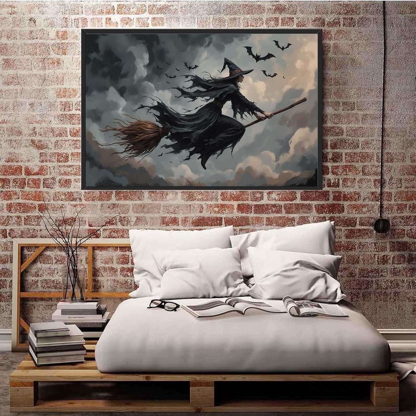 JFHCQJPK Witch and bat flying Halloween poster suitable for home party wall decoration retro Halloween preppy style wall art canvas print suitable for room decoration8x12in Metal blackFramed