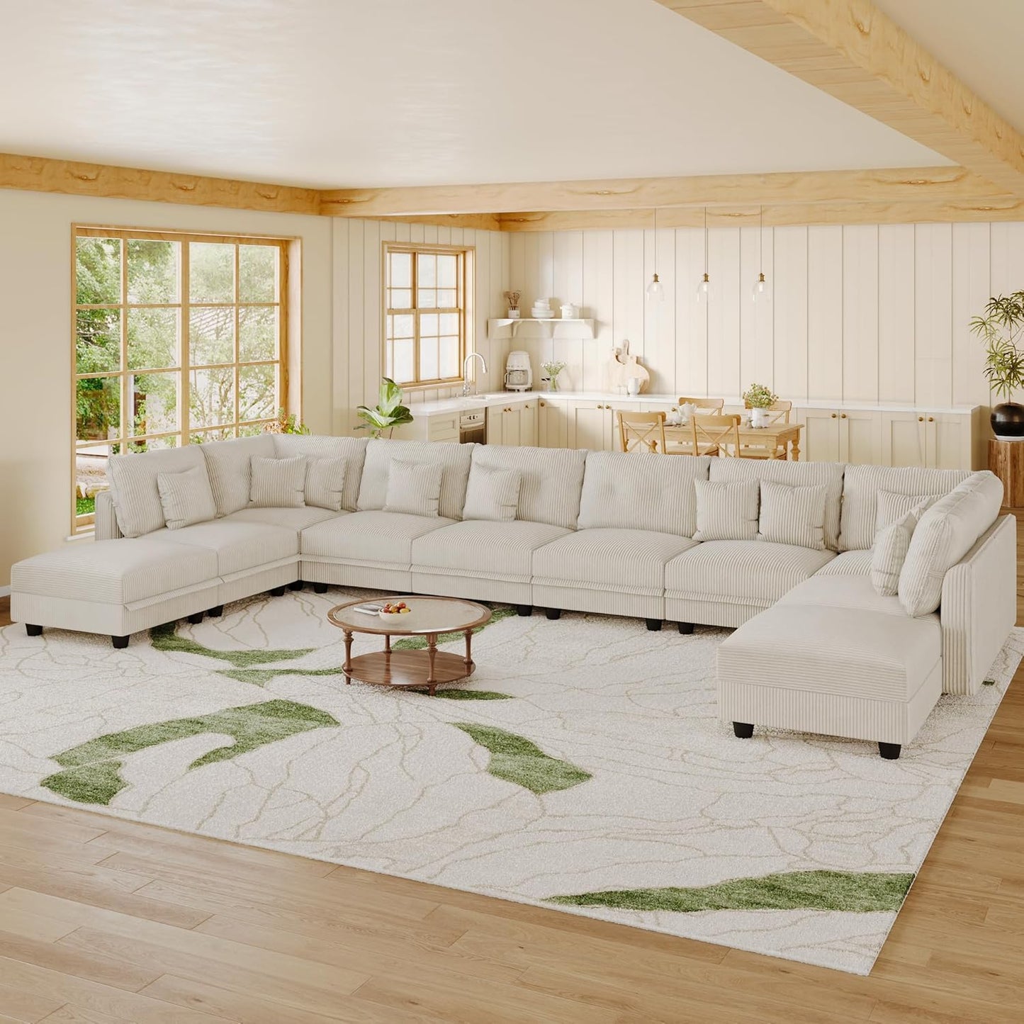 LLappuil Modular Sectional Sofa with Storage Seats, Corduroy Convertible Modular U Shaped Sectional Couch for Living Room, 10 Seat Oversized Sofa with 10 Back Cushion 10 Throw Pillow, Beige