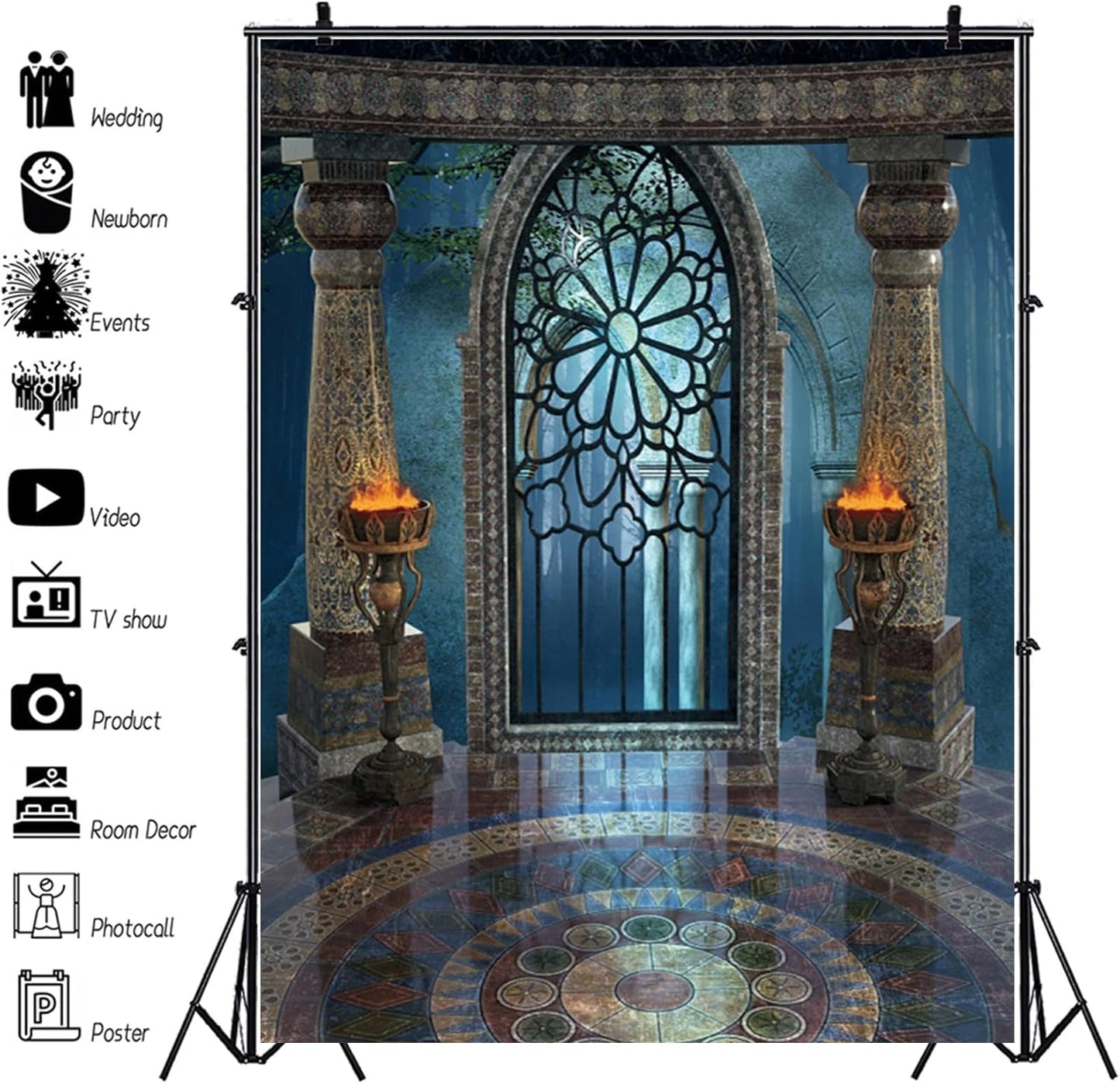 Renaiss 6x9ft Medieval Castle Backdrop for Photoshoot Portrait Pillar Torch Gothic Stone Tower Ancient Old Fortress Interior Photography Background Halloween Party Decor Wallpaper Photo Studio Props