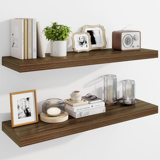 Marsmiles 36" Floating Shelves for Wall, Wooden Shelves with Invisible Brackets Set of 2, Rustic Farmhouse Wall Mounted Shelf for Kitchen Bathroom Living Room Study, Walnut