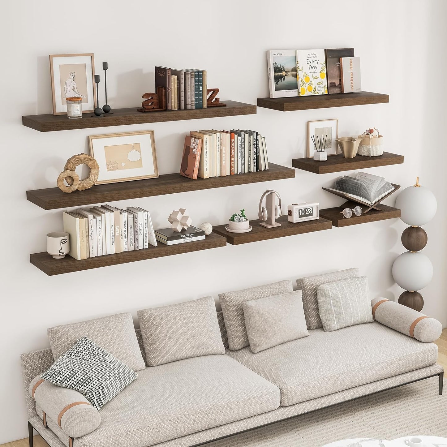 RICHFOCUS 72Inch Floating Shelves for Wall 1 Pack Shelves for Bedroom|Kitchen|Bathroom Wall Mounted Rustic Wood Floating Shelf with Invisible Brackets for Books|Storage|Decor, Walnut