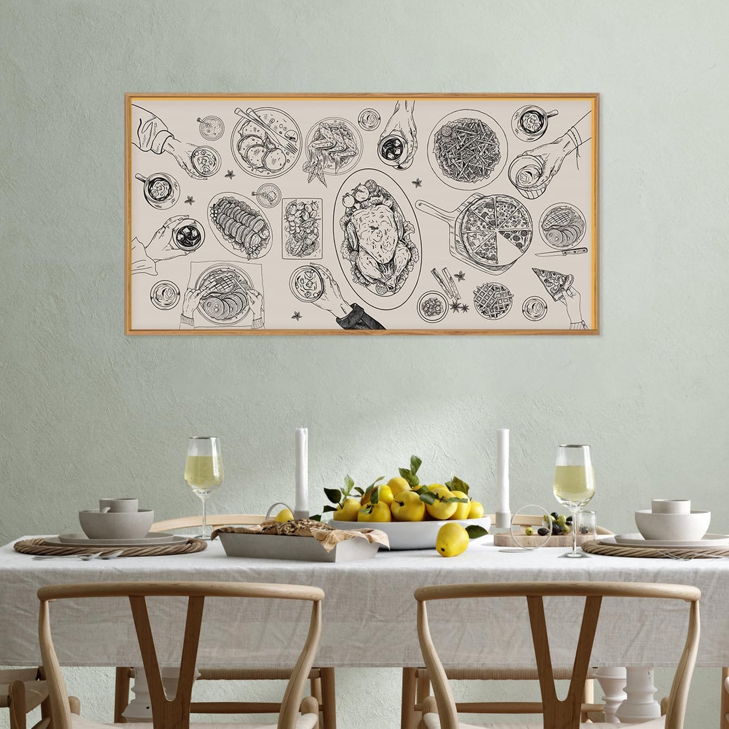 Vintage Food and Drink Framed Canvas Wall Art Set,Retro Sketch Pizza Cheers Wall Decor,Thanksgiving Dinner Turkey Artwork,Black and white Art Prints for Kitchen,Dining Room,Gatherings Decor-20"x40"