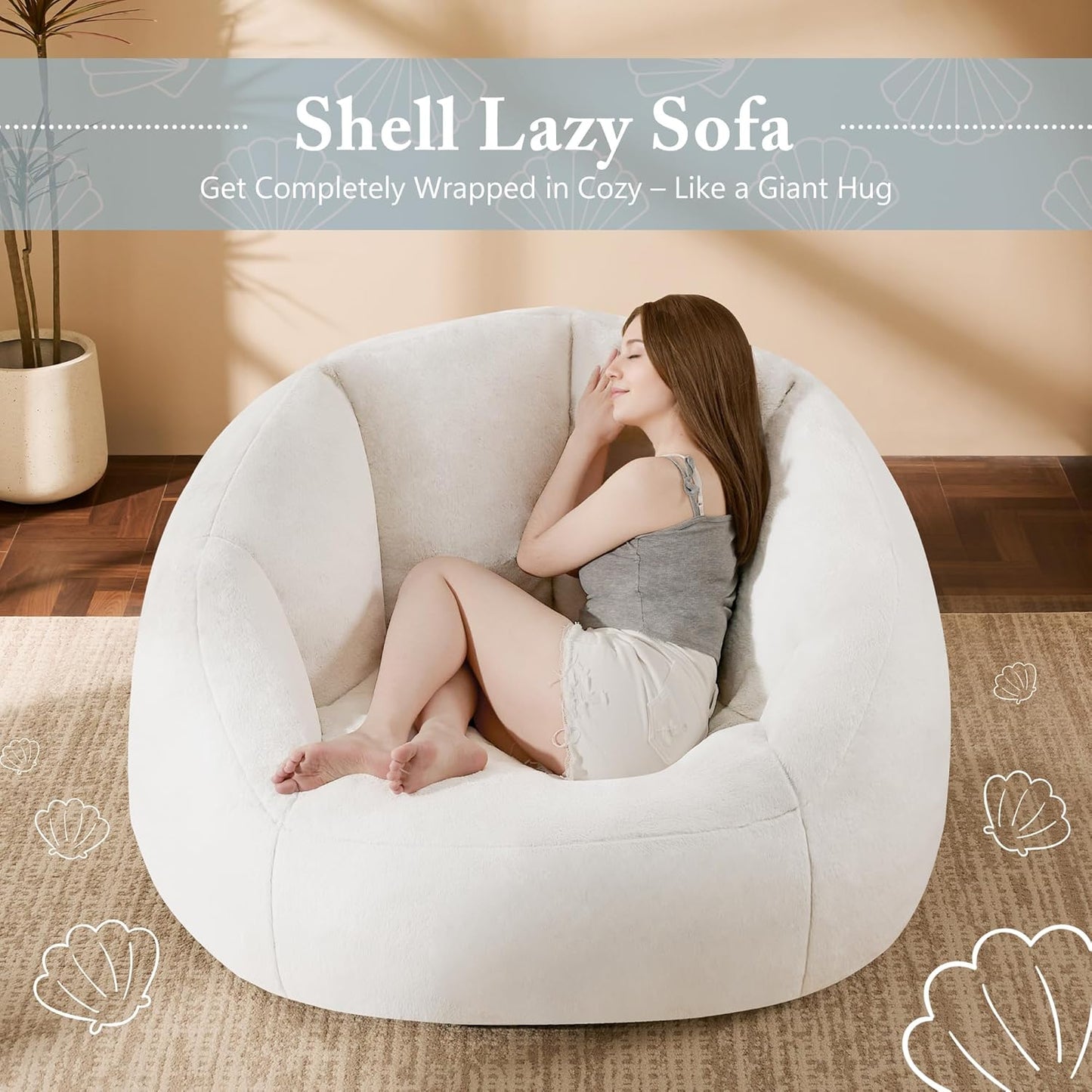 Giant Bean Bag Chaise Lounge Indoor Chair for Adults - Comfy Plush Round Shell Soft Accent Chair, Oversized Cozy Floor Sofa for Living Room, Bedroom & Game Rooms, Beige