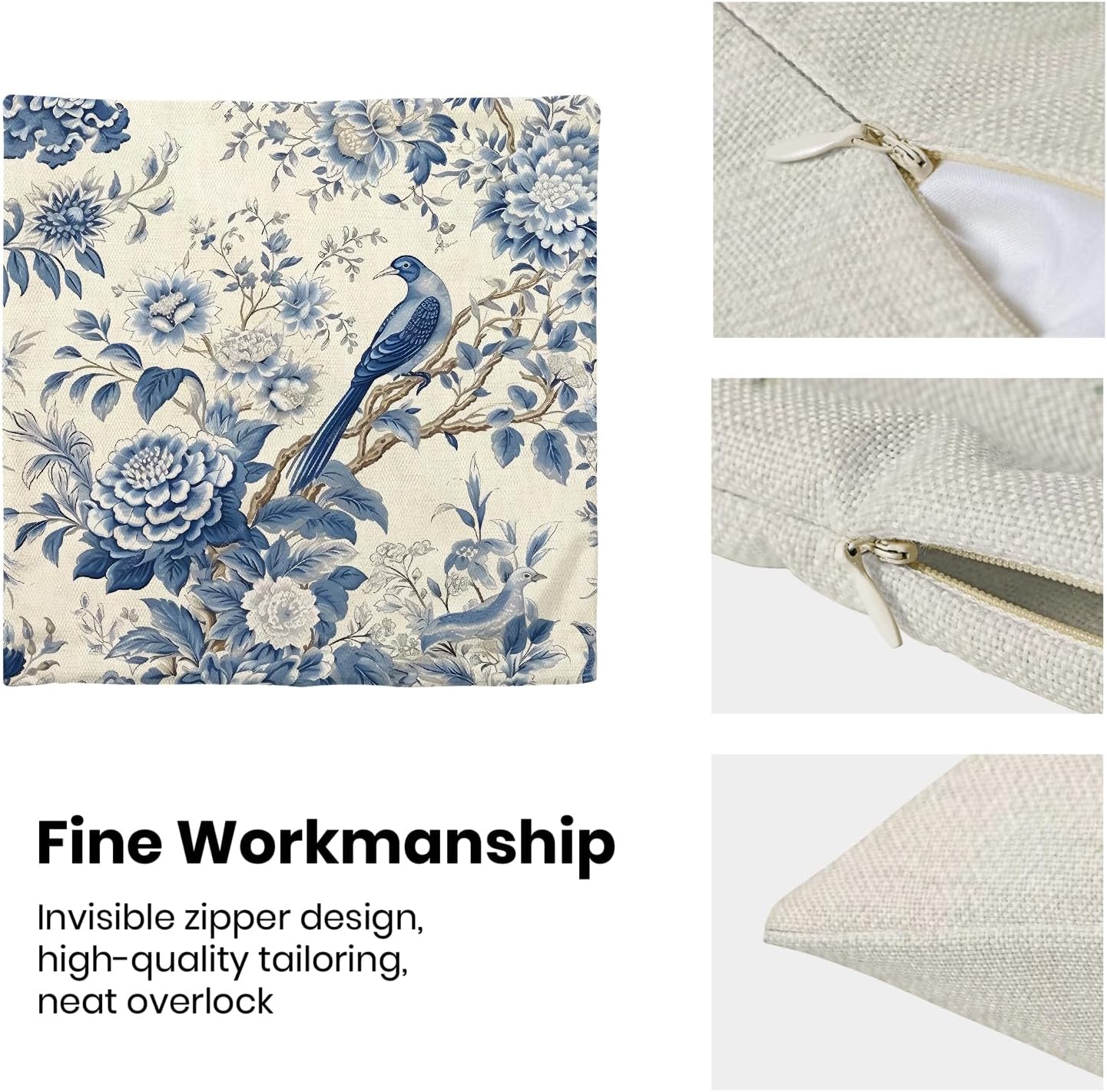 CXMEIFLY Spring Floral Pillow Covers 18 x 18 Inch Set of 2 for Chinoiserie Flowers Bird Decor Throw Pillows Vintage Blue and White Plant Outdoor Decorative Cushion Cases for Couch Bed Decorations