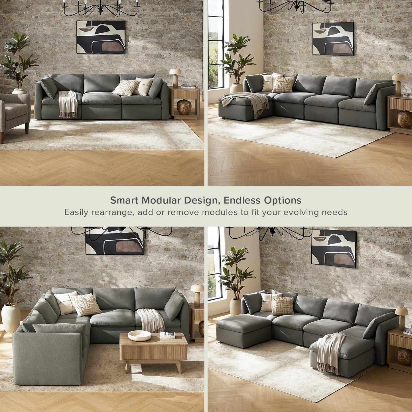mopio Oversized Modular Sectional Sofa with Fully Removable Covers and Storage, Convertible U, L-Shaped and Sleeper Sectional, Modern Couches with Ottoman Chaise (Stone Gray Fabric, 3 Seater)