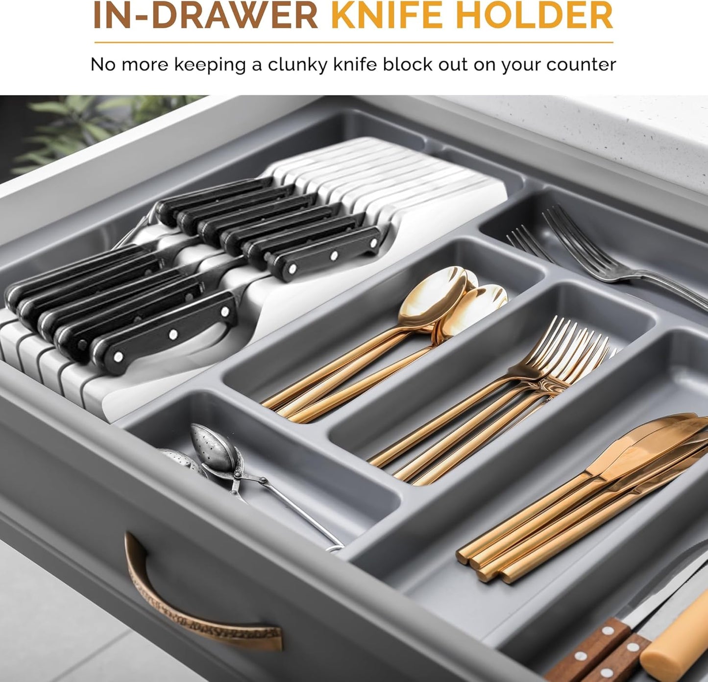 In-Drawer Knife Block Organizer - Bamboo Wood Drawer Knife Organizer - Holds 5 Long + 6 Short Knives (Not Included) - Store Knives with Blades Pointing Down