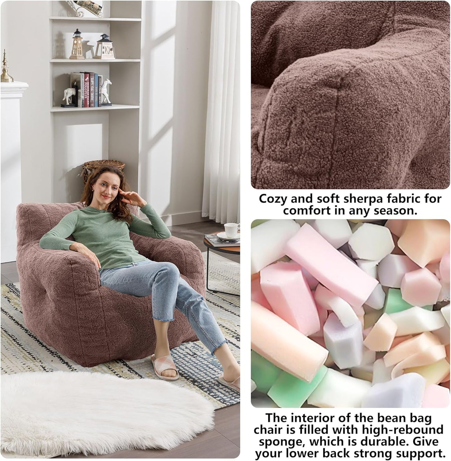 Recaceik Bean Bag Chairs, Tufted Soft Stuffed Bean Bag Chair with Filler, Fluffy Lazy Sofa Chair Lounger, Comfy Giant Bean Bag Chair for Bedroom, Living Room, Brown