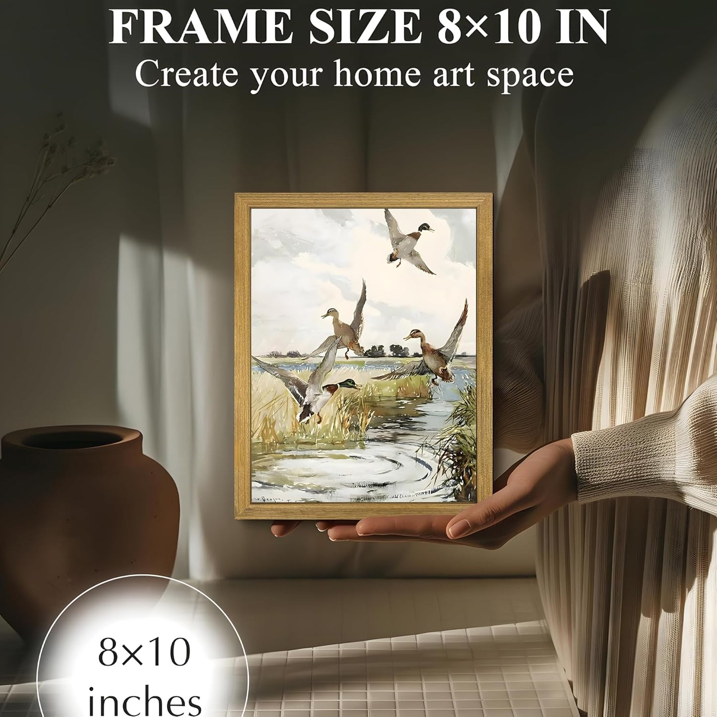 Framed Vintage Duck Wall Art Print, Rustic Mallard Watercolor Canvas Poster Wall Decor, Country Wildlife Bird Illustration for Farmhouse Living Room Kitchen Bedroom Decor 8x10 Inch