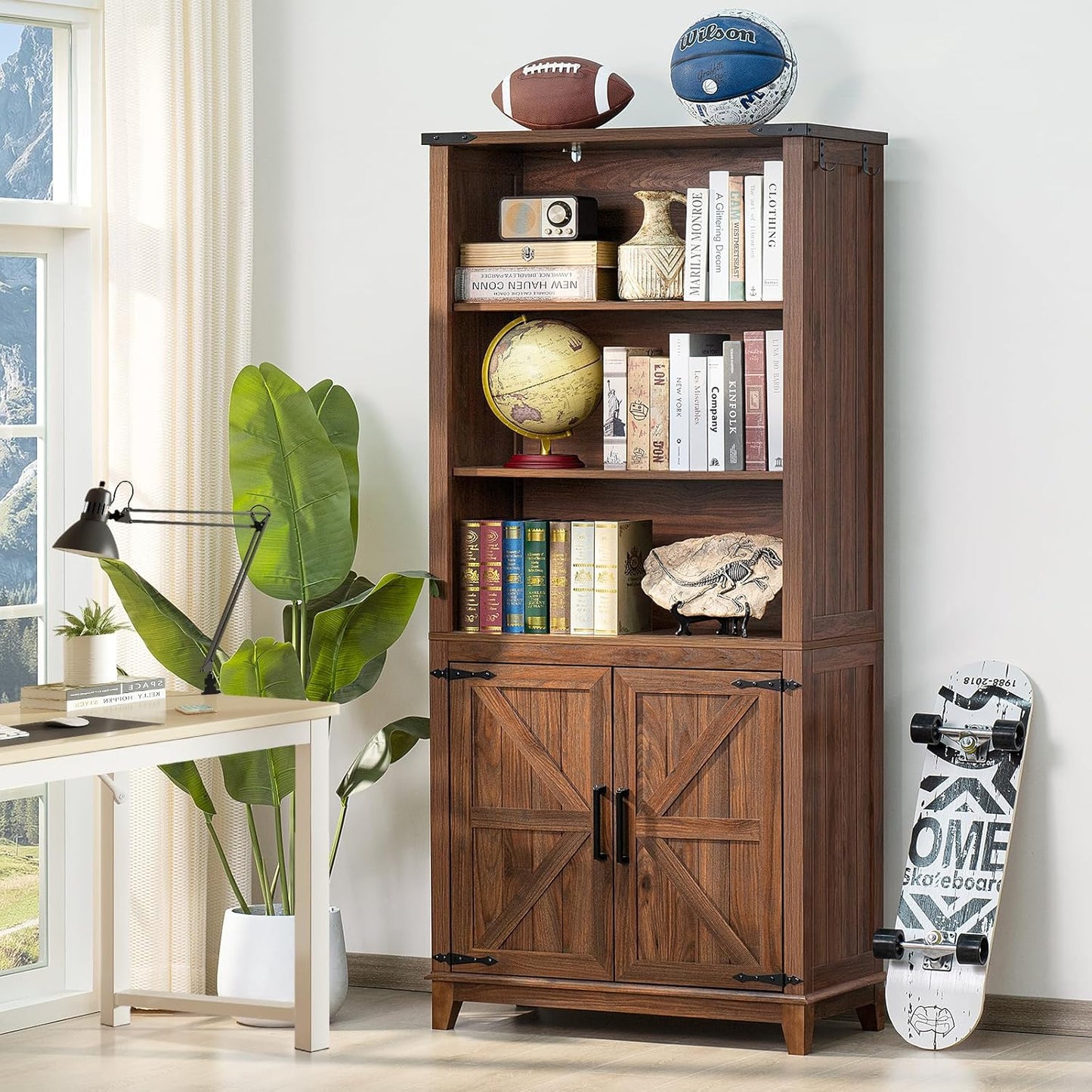 70in Tall Bookshelf 5 Tier Bookcase with Barn Doors and Adjustable Shelves, Brown Farmhouse Book Shelf with Storage Cabinet, Wood Freestanding Display Bookshelves for Bedroom, Kitchen (3PCS)