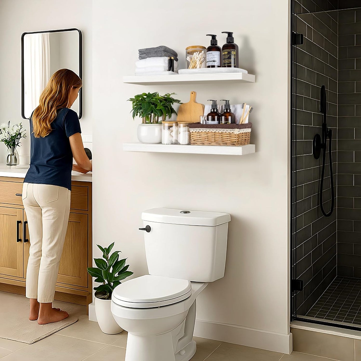 BGMG Wood Floating Shelves 24 inch Long,Rustic Solid Wooden Deep Wall Shelves for Bathroom Living Room Bedroom Kitchen Farmhouse Set of 2-24x6.7x1.25 inch-White