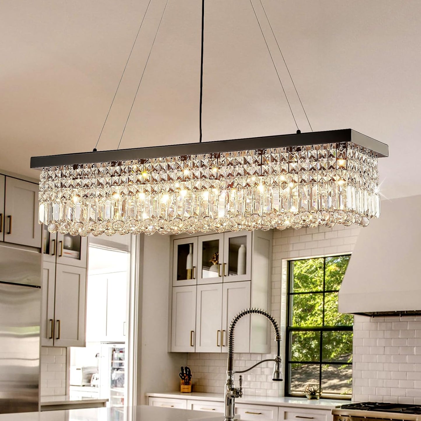 8 Light Modern Crystal Chandelier for Dining Room,Rectangular Rectangle Raindrop Crystal Light Fixture,Height Adjustable for Kitchen Island L40''xW10''xH10''