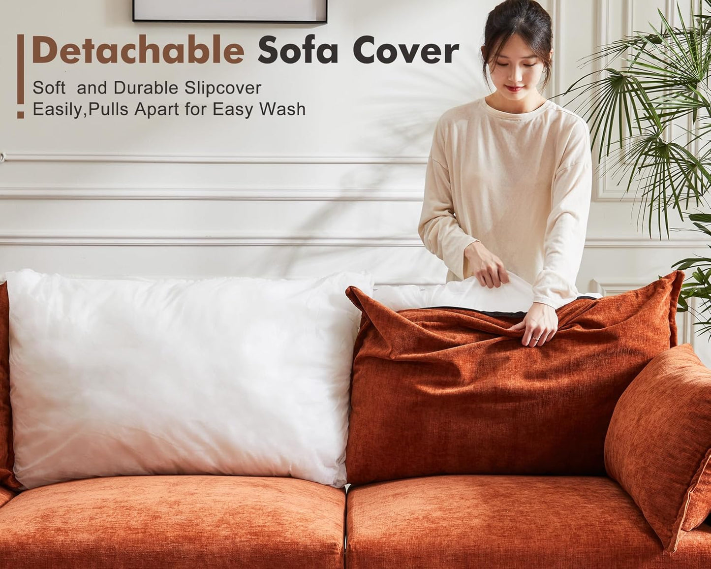 Oversized Loveseat Sofa, Modern Modular Sectional Couch Terracotta Orange Fluffy Chenille Mid Century 2-Seat 24.5" Deep Seat for Apartment, Living Room, Bedroom