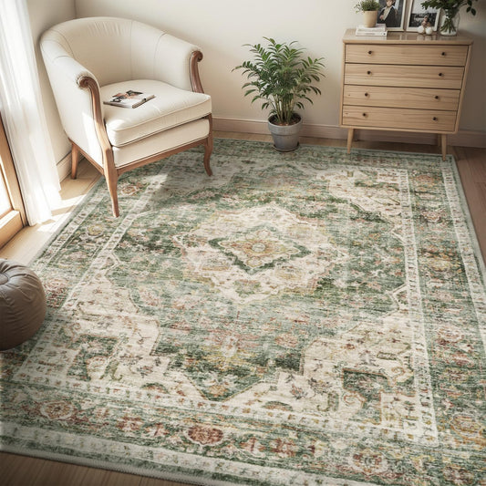 AMOAMI-4X6 Area Rugs for Living Room -Soft Vintage Bedroom Rugs-Non Slip Washable Rug-Throw for Living Room Bedroom Bedside Dining Room Office Green