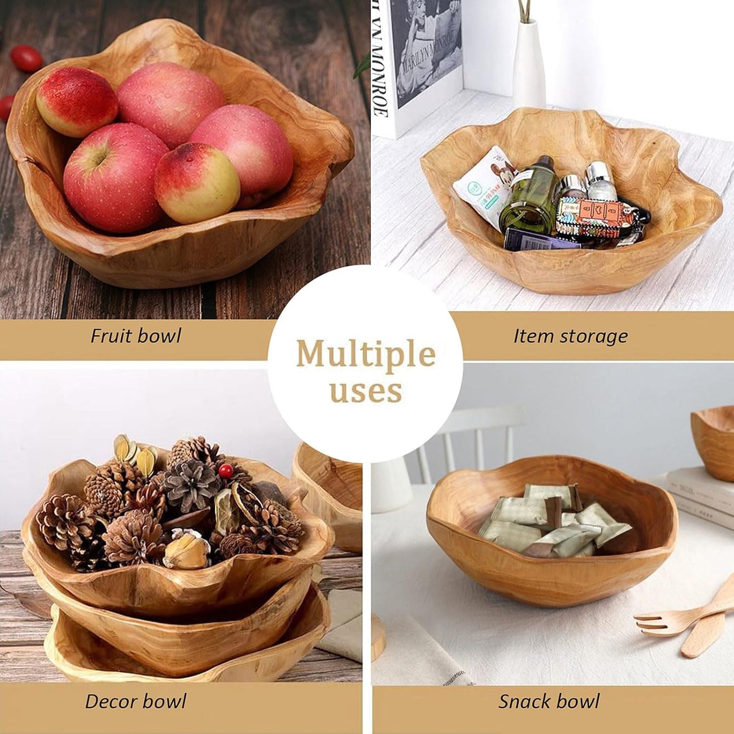 Wooden Bowl Decorative Natural Wood Fruit Bowl, Irregular Creative Wood Bowls, Rustic Hand Carved Candy Snack Keys Serving Bowls for Home Decor (Above 16" Diameter)