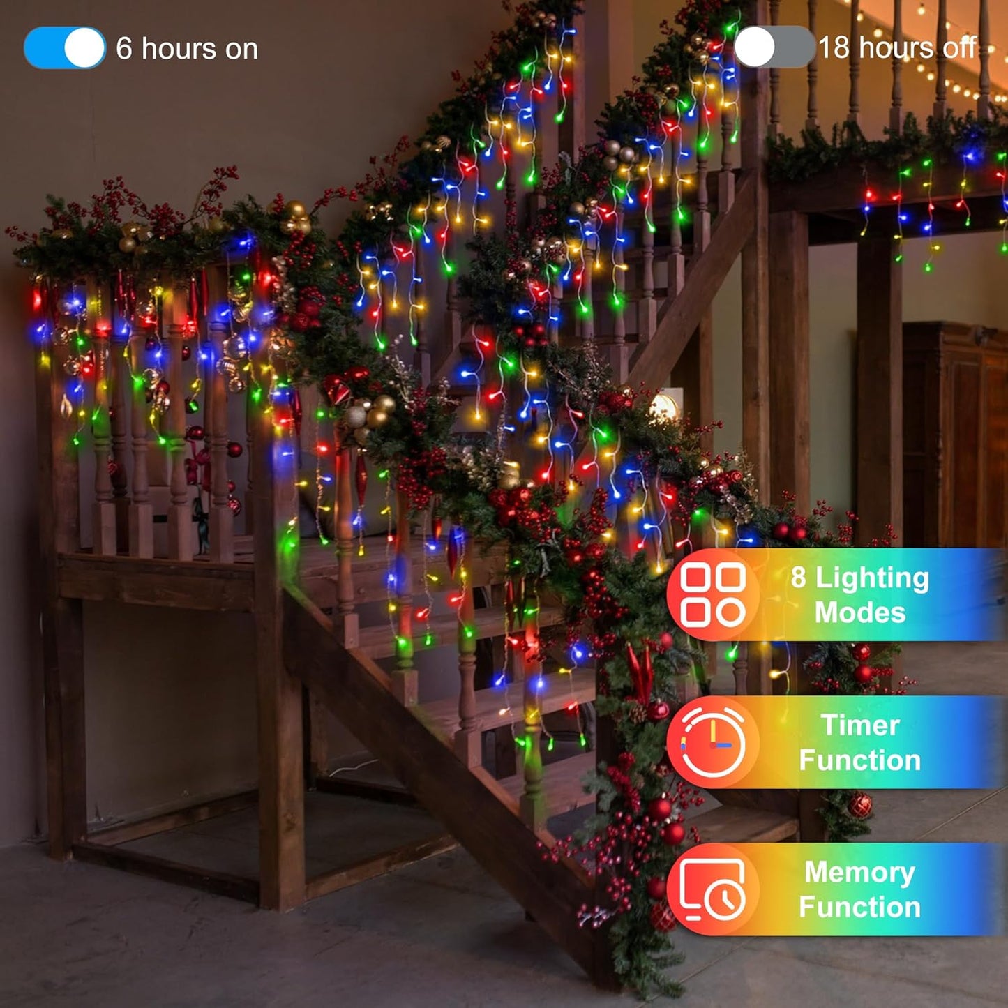 1296 LED Christmas Lights with 288 Drops, 131ft Christmas String Lights with 8 Modes, Waterproof Outdoor Decorations Fairy Lights with Timer Memory for Xmas Party Patio Window Fence Multicolor