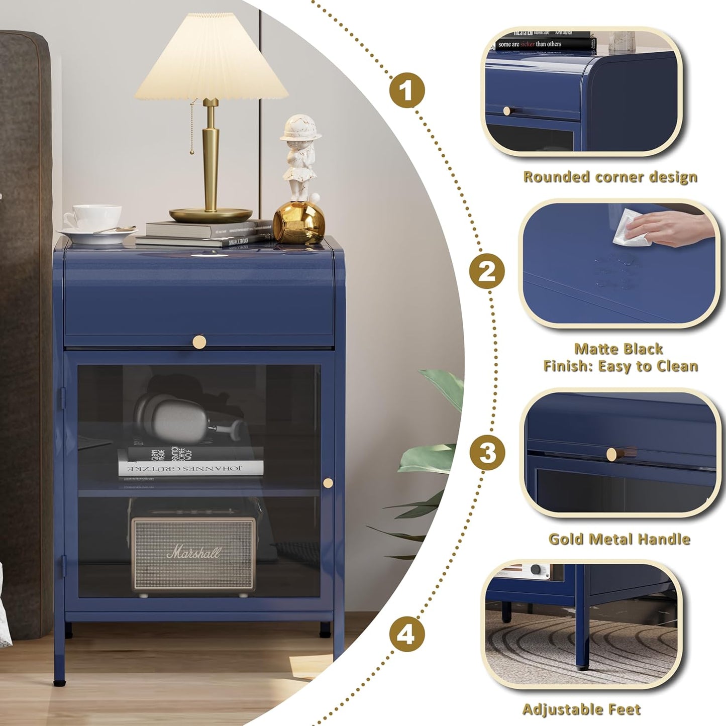 Modern Metal Side Tables Set of 2, End Tables with Glass Door, 2-Tier Nightstands with Storage Shelves, Accent Table, Slim Sofa Table for Living Room, Bedroom (Blue)