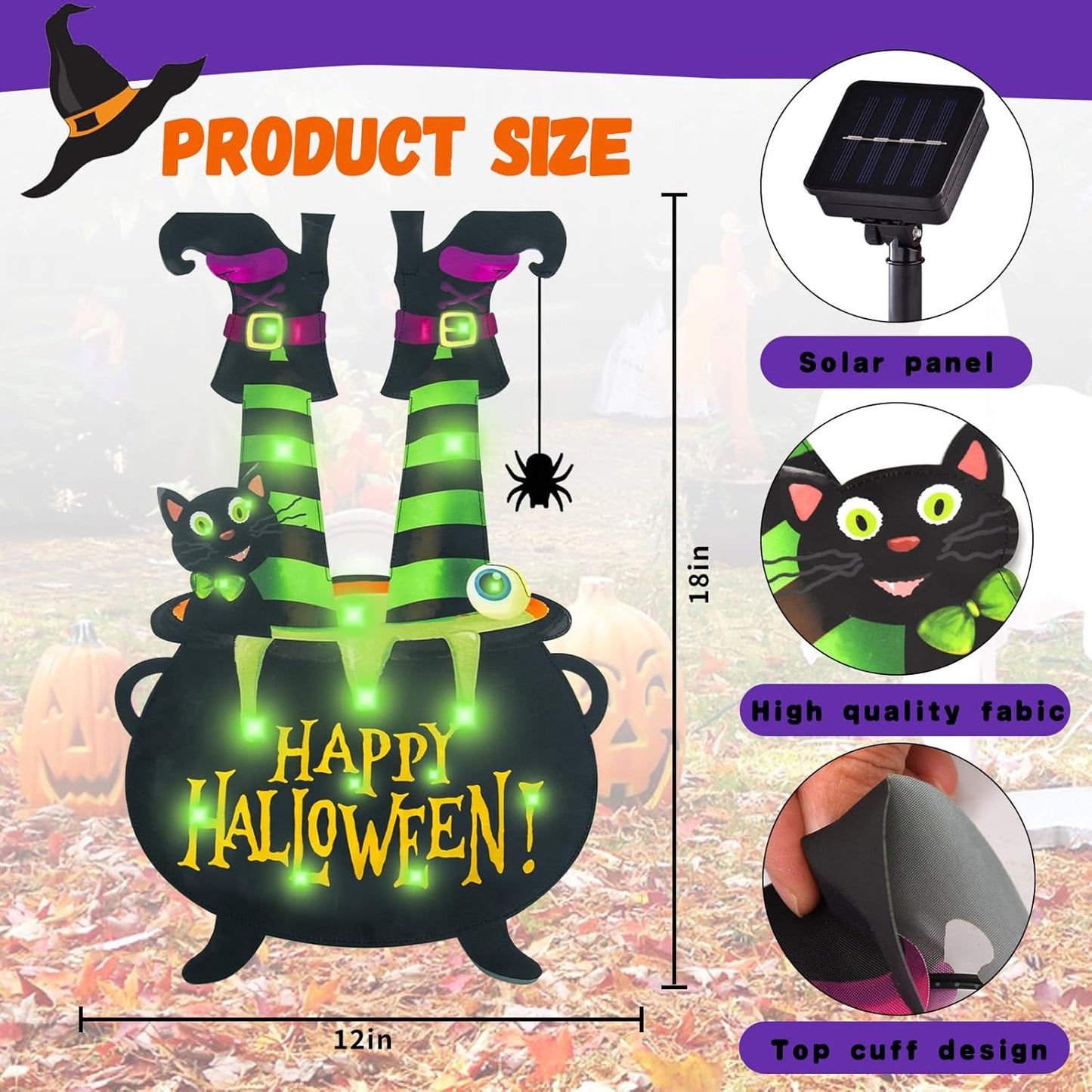 Halloween Lighted Garden Flag for Outside, Witch Feet Shape Flag Yard Decor, 8 Modes Double Sided Cauldron Eyeball Black Cat Outdoor Hlloween Decorations for Home Porch (Green-28x40)