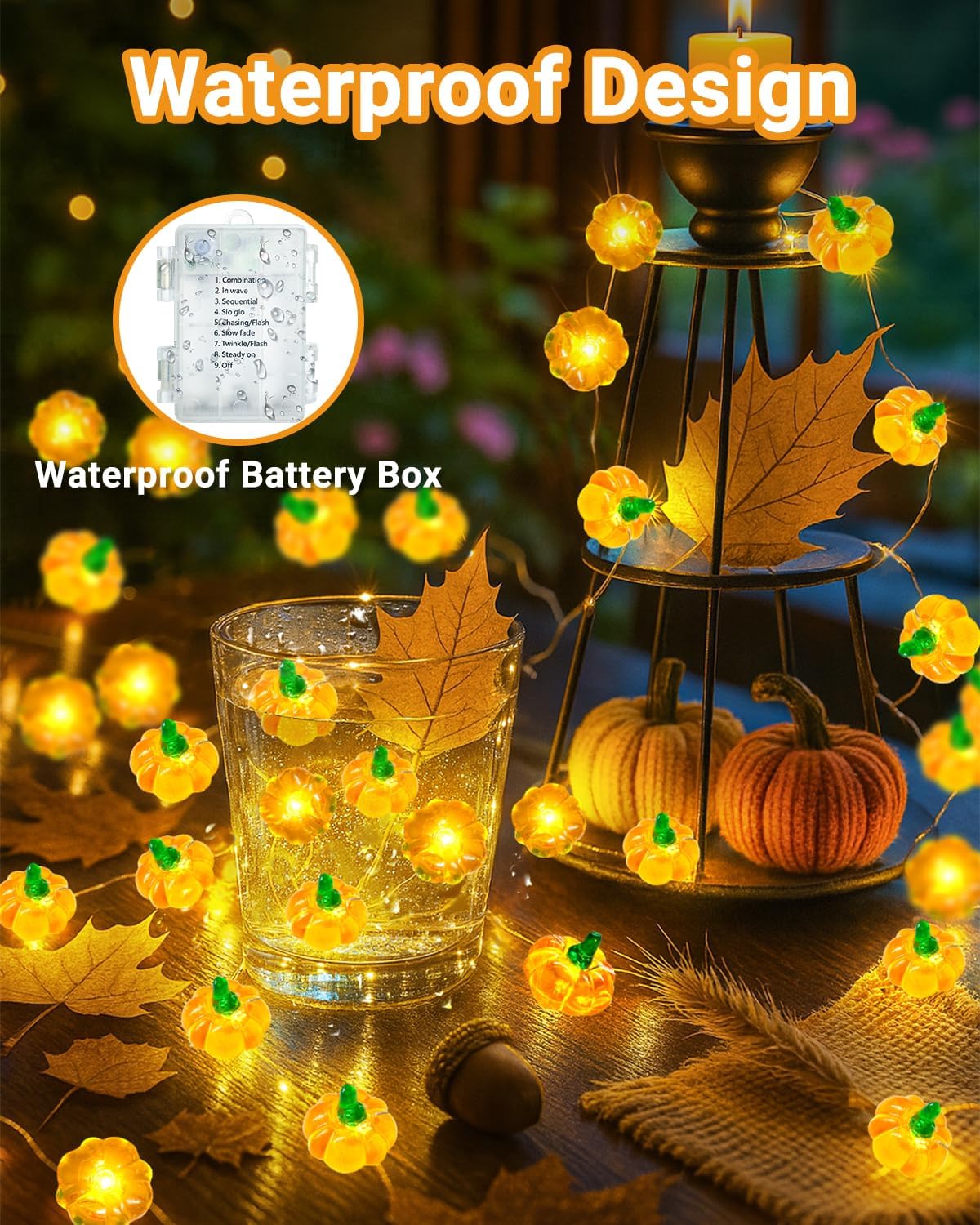 btfarm Fall Decorations 50 LED 16.4 FT Thanksgiving 3D Pumpkin Fairy String Lights Battery Operated with Remote Timer, 8 Modes Waterproof Fall Decor for Home Autumn Harvest Halloween Party