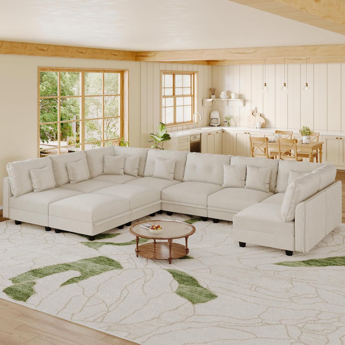 LLappuil Modular Sectional Sofa with Storage Seats, Corduroy Convertible Modular U Shaped Sectional Couch for Living Room, 10 Seat Oversized Sofa with 10 Back Cushion 10 Throw Pillow, Beige