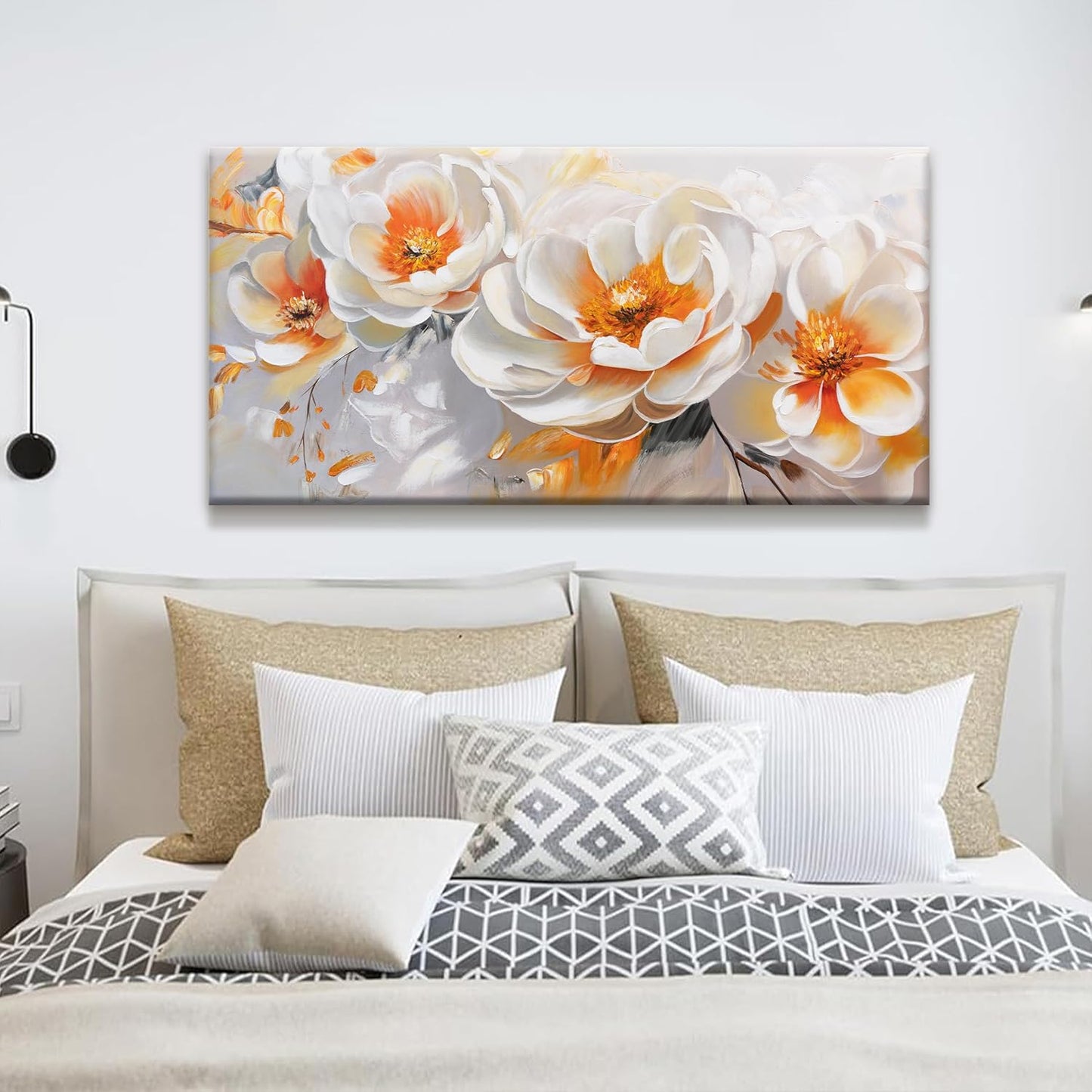 Suconvng Canvas Art Wall Decor Modern Minimalist Home Wall Decor Flower Paintings Orange White Wall Art Prints Floral Art Pictures For Bedroom Kitchen Office Artwork 20"×40"