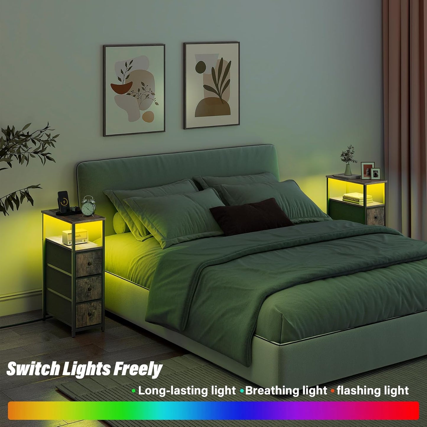 TUTOTAK Narrow LED Night Stand with Charging Station, Slim End Table with Plugins, Tall Side Table with 3 Fabric Drawer, Small Bedside Table with Storage, for Living Room, Brown TB01BB086L