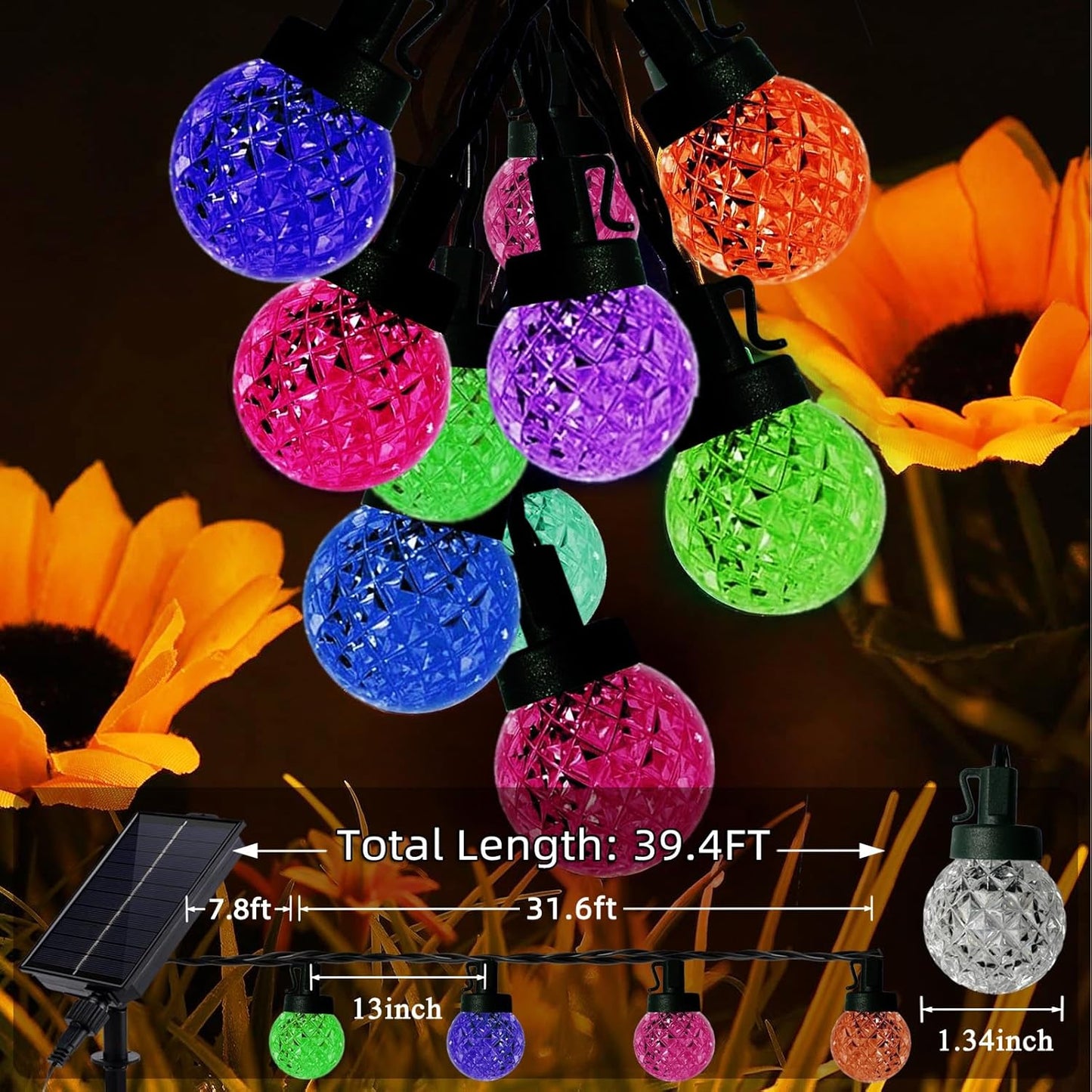 Solar LED String Lights for Outside,39.4FT 8Modes Crystal Globe Fairy String Lights Waterproof USB Plug for Garden Patio Christmas Tree Fence Indoor&Outdoor Party Decor(Pineapple Multicolor)