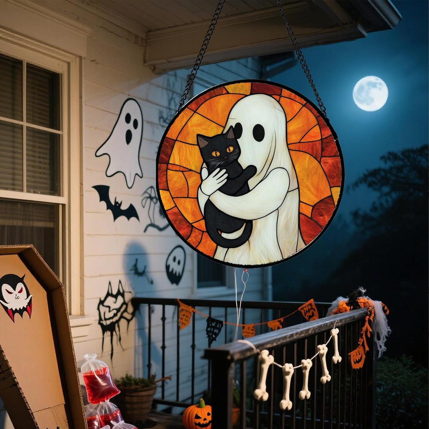Stained Glass Window Hanging - Halloween Decorations White Ghost Black Cat Suncatcher for Doors Garden Spooky Funny Orange Sun Catchers Gothic Decor Horror Gifts for Women Men Friend 11.8 in