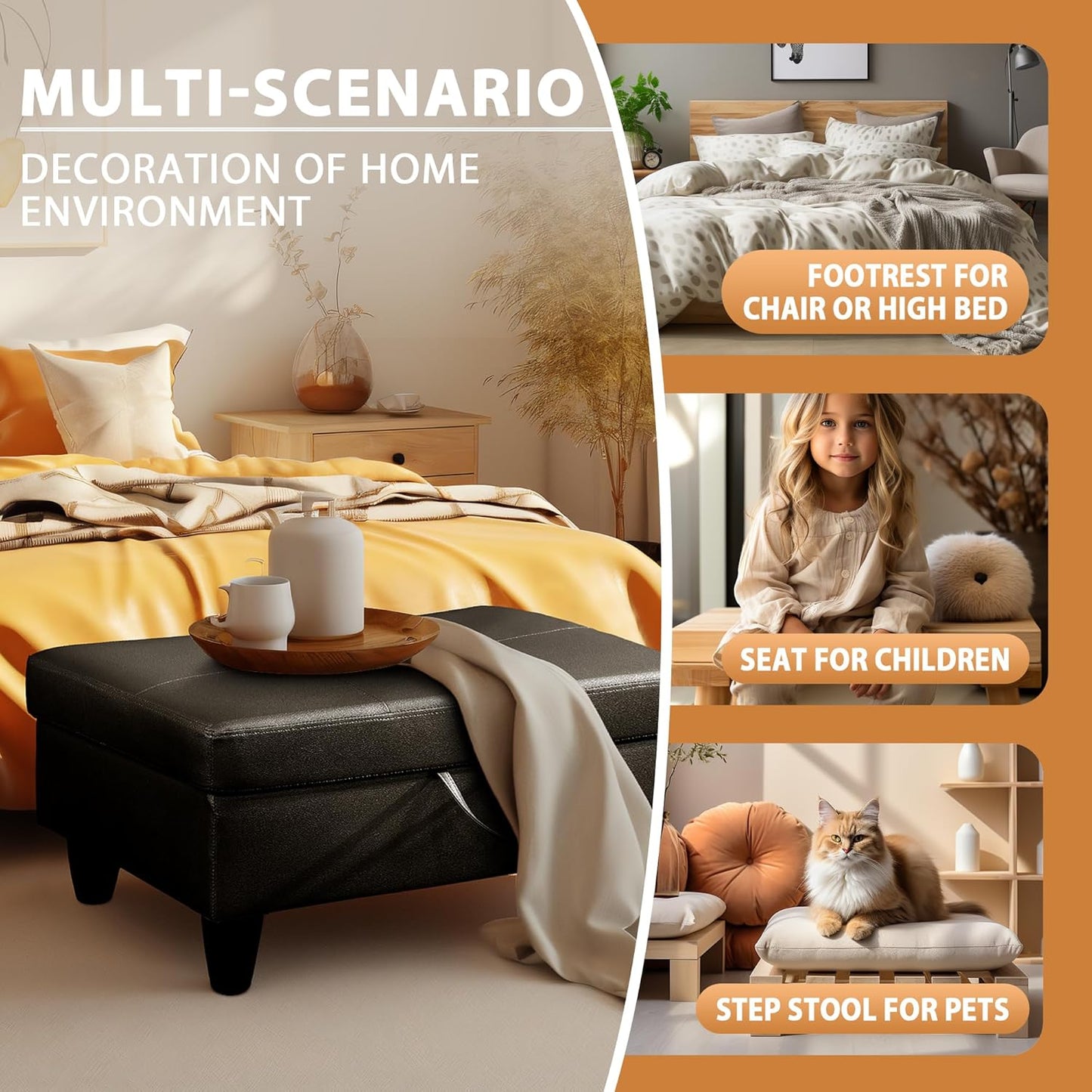 Ottoman Rectangular Storage Ottoman Bench, Faux Leather Footrest, Coffee Table, Stool Footstool with Hinged Lid for Living Room, Bedroom, Entryway, Black, 28.5"x19"x17.5"