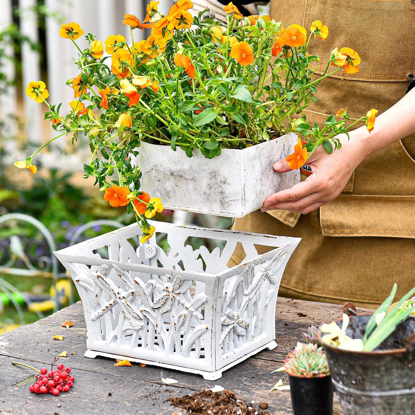 Sungmor Heavy Duty Cast Iron Planter Basket w/Non-Woven Growing Bag, Unique Shape & Beautiful Pattern Design, Hollow Orchid Flower Pot Garden Tools Holder, Rust White French Country Decor Container